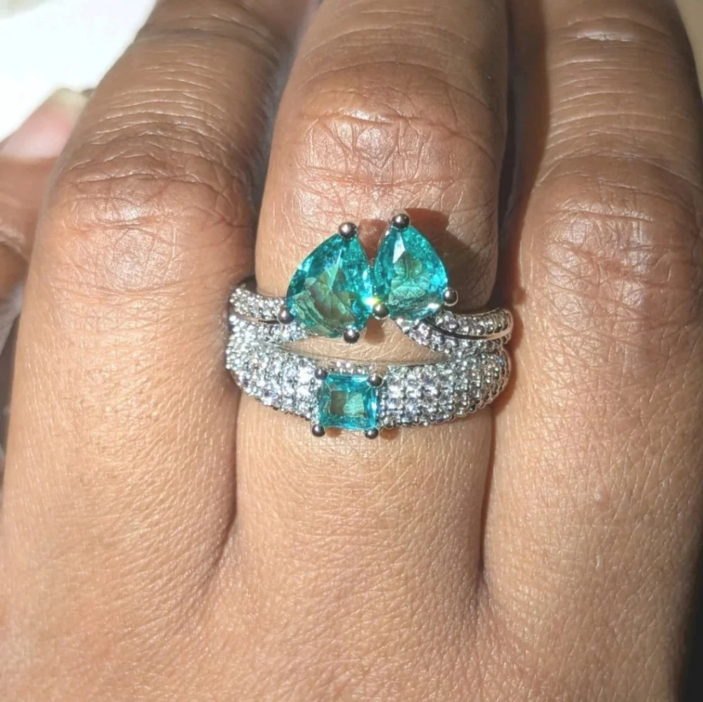 S925 Silver 5.10CTW EMERALD & WHITE Lab-Created DIAMOND Engagement Ring Sz 7